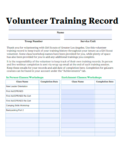 sample volunteer training record template