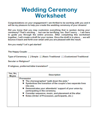 sample wedding ceremony worksheet template