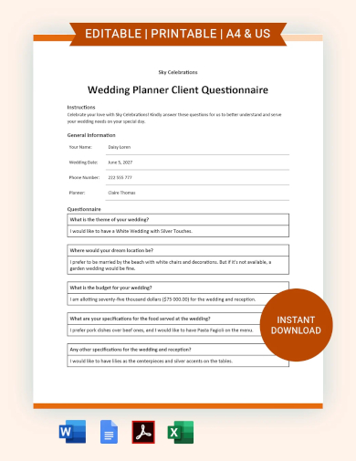 sample wedding planner client questionnaire template