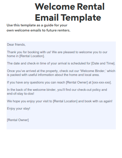 sample welcome rental email template