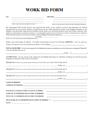sample work bid form template