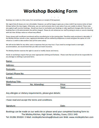 sample workshop booking form template