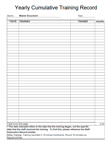 sample yearly cumulative training record template