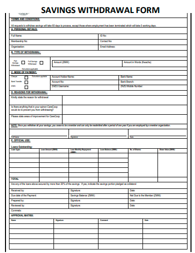 savings withdrawal form template