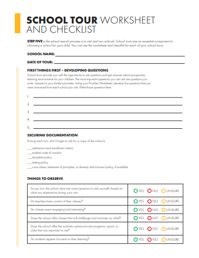 school tour worksheet and checklist template