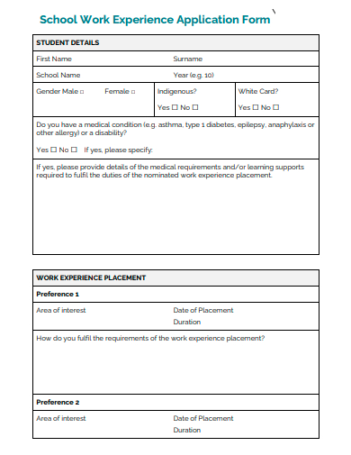 school work experience application form template