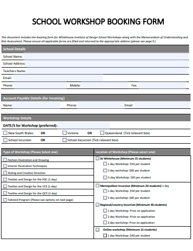 school workshop booking form template