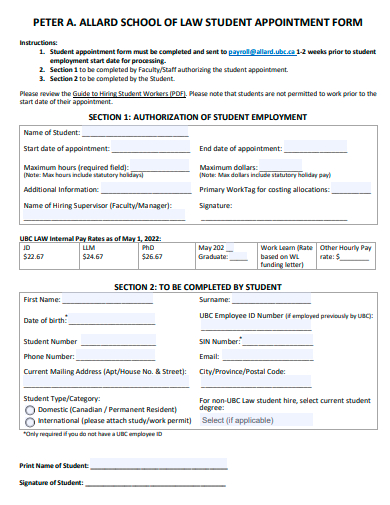 school of law student appointment form template