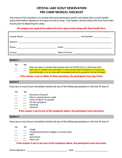 scout reservation pre camp medical checklist template