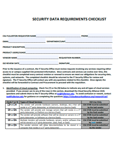 security data requirements checklist template