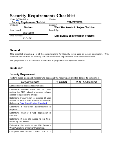 security requirements checklist template