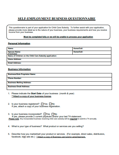 self employment business questionnaire template