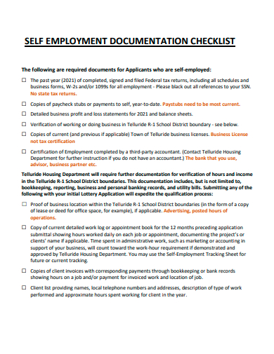 self employment documentation checklist template