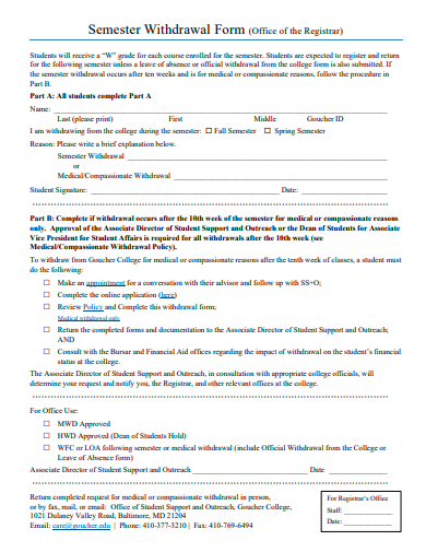 semester withdrawal form template