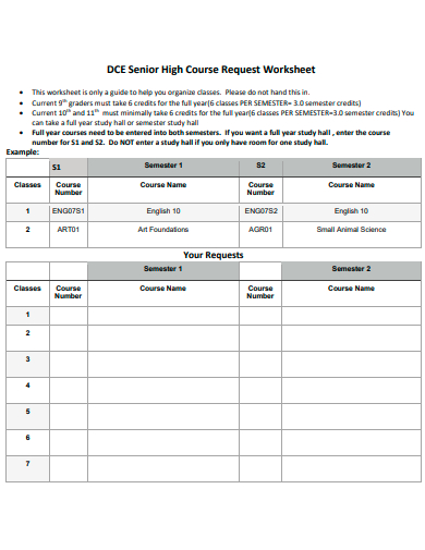 senior high course request worksheet template