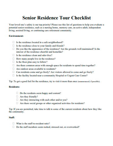 senior residence tour checklist template