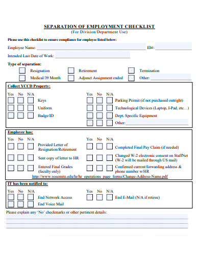 separation of employment checklist template