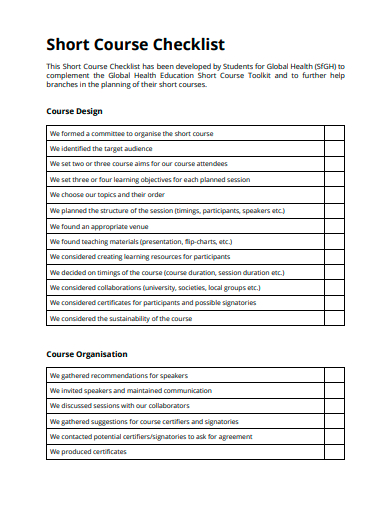 short course checklist template