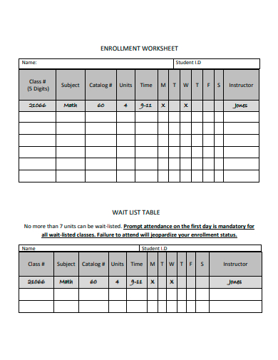 simple enrollment worksheet template