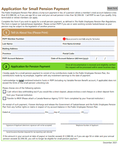 small pension payment application template