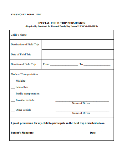 special field trip permission form template