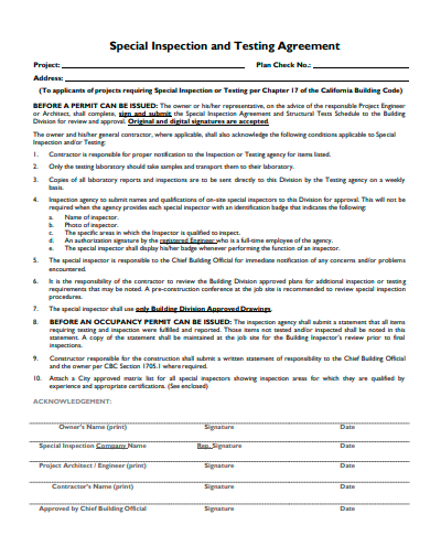 special inspection and testing agreement template