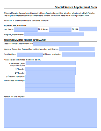 special service appointment form template