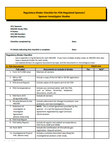 sponsor investigator regulatory binder checklist template