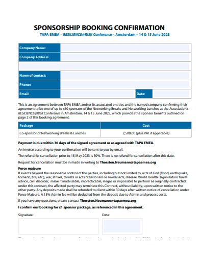 sponsorship booking confirmation agreement template