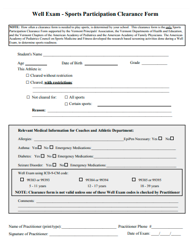 sports participation clearance form template