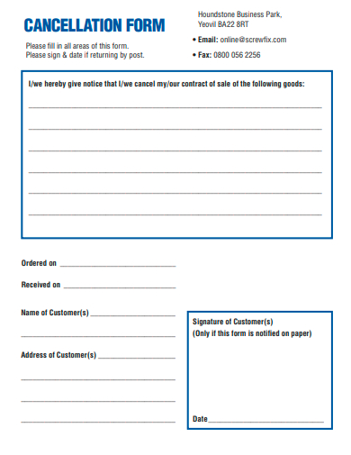 standard cancellation form template