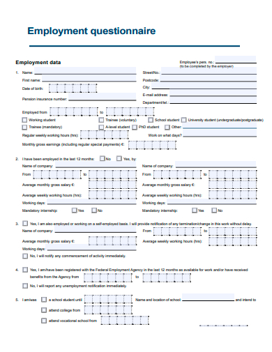 standard employment questionnaire template