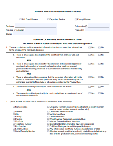 standard waiver checklist template