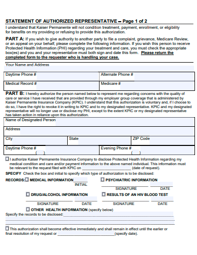 statement of authorized representative form template