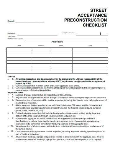 street acceptance preconstruction checklist template