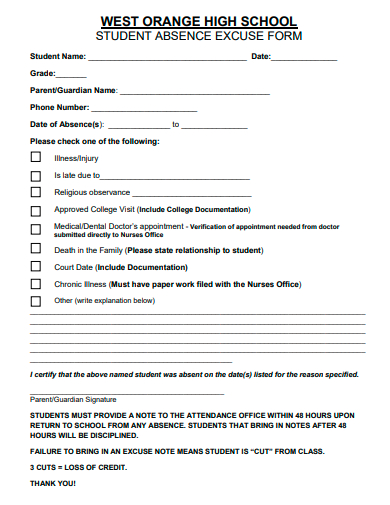 student absence excuse form template