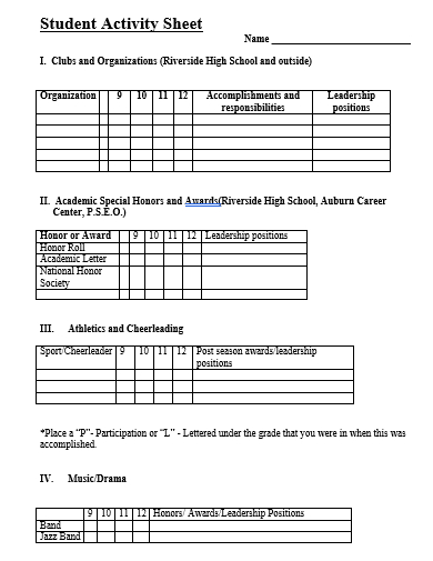 student activity sheet template