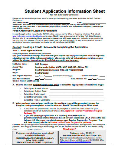 student application information sheet template