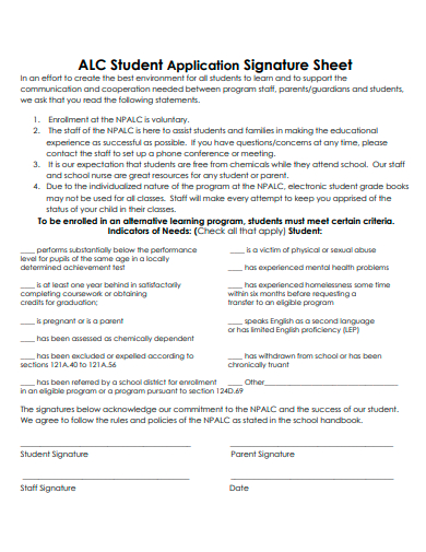 student application signature sheet template