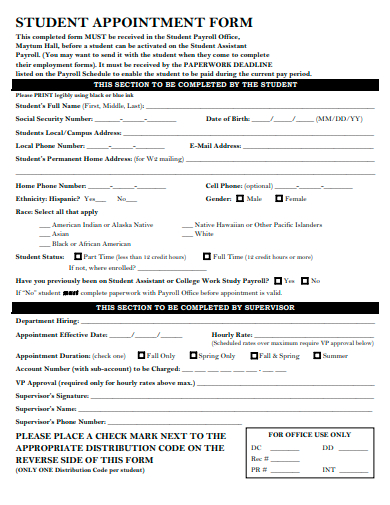 student appointment form template