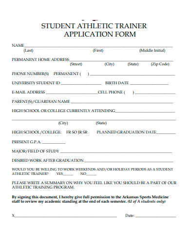 student athletic trainer application form template