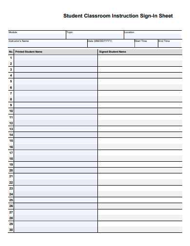 student classroom instruction sign in sheet template