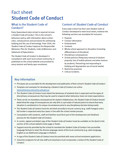 student code of conduct fact sheet template