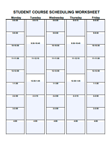 student course scheduling worksheet template