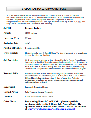 student employee job vacancy form template
