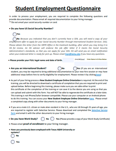 student employment questionnaire template