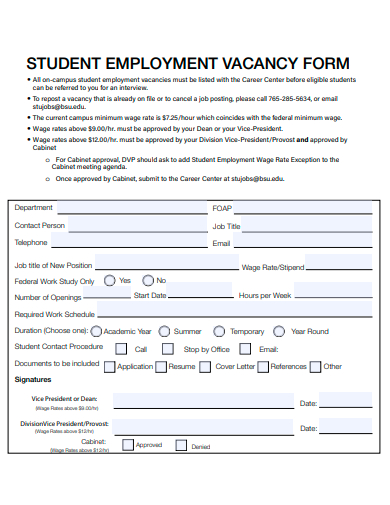 student employment vacancy form template