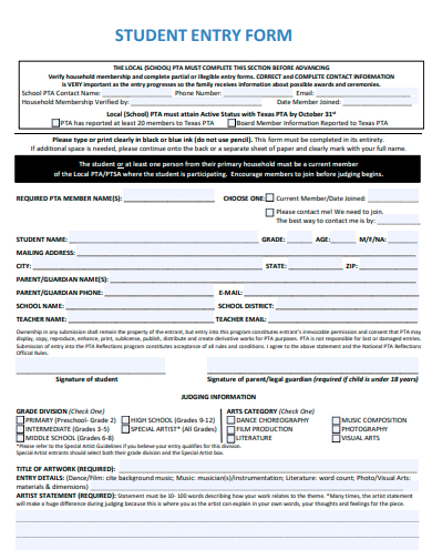 student entry form template