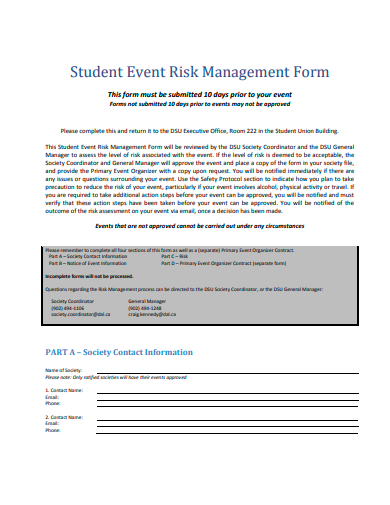student event risk management form template