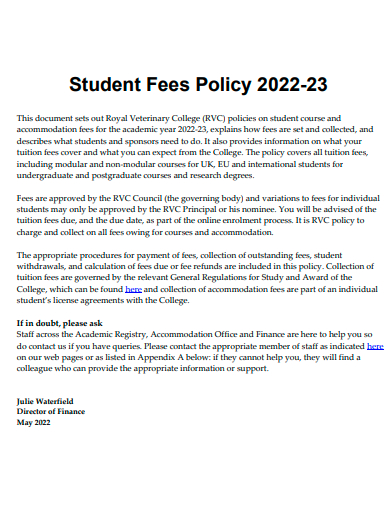 student fees policy template